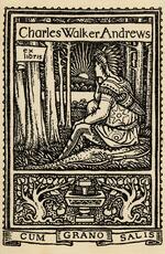 Book plate depicting Forest scene, a man with a quiver of arrows sitting on a log; the sun rises in the background