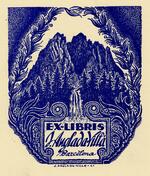 Book plate depicting Mountains and trees, small waterfall in the center.  Image is bordered by plants