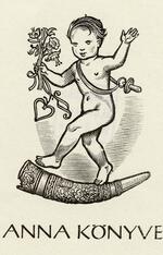 Book plate depicting A child, possibly cupid, standing on a tusk horn with flowers and heart in one hand, waving with the other.  A pacifier is roped across his shoulder