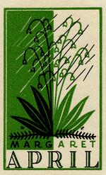 Book plate depicting Green, black, and white plant in the rain