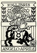Book plate depicting An winged angel-like figue at center, with a black bull underneath, all in front of romanesque columns in background