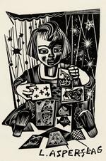 Book plate depicting Child building a house of cards against a starry backdrop