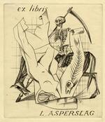Book plate depicting surreal scene; skeleton wielding a sickle, riding a dark horse.  A woman's figure on a paper cutout and fish fossil in foreground
