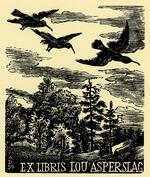 Book plate depicting three birds flying over a forest