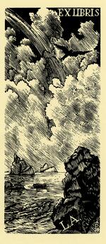 Book plate depicting cloudy sky at sea; rocky shoreline