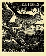Book plate depicting a bird, foreground, with her nest on a tree branch, in a dense forest