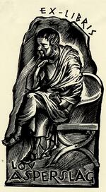 Book plate depicting pensive robed man, sitting in a chair