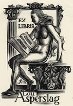Book plate depicting nude woman seated, reading a book; columns in the bockground