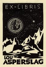 Book plate depicting Earth, as seen from another planet, or the moon.  Rocky surface of the planet foreground; numerous stars