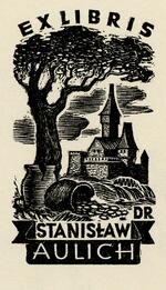 Book plate depicting dark, castle in background, tree and pots of gold in foreground