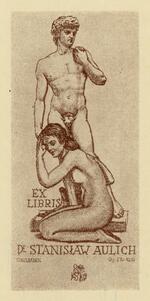 Book plate depicting Michaelangelo's David being clutched by nude woman