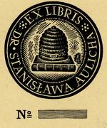Book plate depicting beehive-like object on top of closed book, circled by owner's name and 'ex libris'