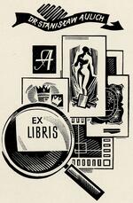 Book plate depicting bookplates;  magnifying glass over one of them, revealing 'ex libris'