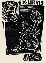 Book plate depicting what appears to be a merman in space, few stars