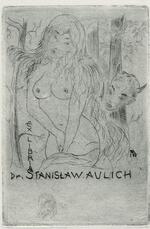 Book plate depicting female nude in a forest, being watched by a satyr