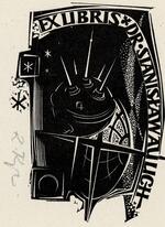 Book plate depicting man-made space station against black space, starry galaxy background