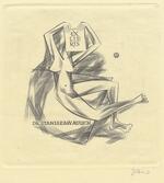 Book plate depicting abstract nude woman holding 'ex libris' in front of her face