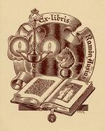 Book plate depicting open book with an engraving of Jesus Christ on the cross, rook chess piece behind it.  Lantern at left
