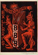 Book plate depicting demonic figures in red and black
