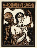 Book plate depicting skeleton whispering behind nude woman.  He is dangling an object in front of her face; starry background
