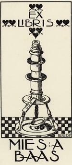 Book plate depicting old microscope on checkered surface