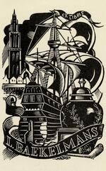 Book plate depicting ship in a harbor; vase foreground, tower background