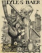 Book plate depicting Foreground man walking with a scythe and a sack with theatrical masks, books.  Background - old village on the left, modern city on the right