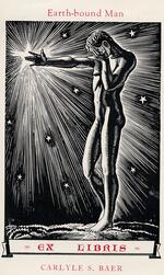 Book plate depicting Man holding one hand to his face, the other reaching out to a shining star.  Starry background