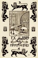 Book plate depicting Center: on a desk are a beaker, several books, and a skull.  On a shelf in the background are various bottles.  Surrounding center image are lions