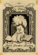 Book plate depicting A white dog at center in front of an open book, in which is written the motto.  Background trees on a cloudy day.  Numerous borders