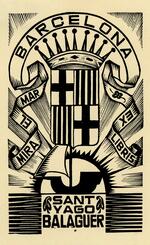 Book plate depicting A ship against the setting sun.  Above are ribbons with motto, 'ex libris,' and 'Barcelona.'  At center is a shield with a crown on top