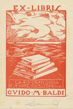 Book plate depicting stack of books on the waterfront; clouds and shore off in the distance