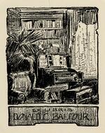 Book plate depicting scene of the owner's library.  Writing desk, club chair, plant, large bookshelf on the wall