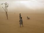 Boys fleeing violence along the border of Darfur and Chad as a sandstorm approaches