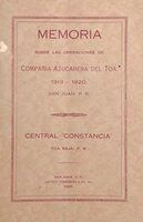 Memoria sobre las operaciones de Compañía Azucarera del Toa, 1919-1920, San Juan, P.R. 