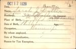 Voter registration card of Sarah J. Battie (Beattie), Hartford, October 12, 1920
