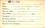 Voter registration card of Alma Hokanson Bey, Hartford, October 15, 1920
