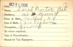 Voter registration card of Sarah Proctor Bel Hartford, October 15, 1920