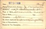 Voter registration card of Mercedes J. Walsh (Benny), Hartford, October 14, 1920