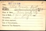 Voter registration card of Ella Fraser Bent, Hartford, October 19, 1920
