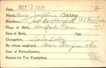 Voter registration card of Mary Josephine Berry, Hartford, October 12, 1920