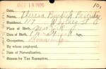 Voter registration card of Theresa Burdick Beveridge, Hartford, October 18, 1920