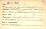 Voter registration card of Ada C. Bidwell, Hartford, October 13, 1920