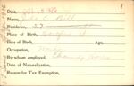 Voter registration card of Julie E. Bill, Hartford, October 18, 1920