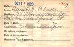 Voter registration card of Sarah J. Blake, Hartford, October 15, 1920