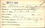 Voter registration card of Florence Blankenburg, Hartford, October 14, 1920