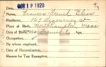 Voter registration card of Frances French Bliss, Hartford, October 18, 1920