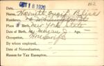 Voter registration card of Harriett Quaif[?] Bliss, Hartford, October 18, 1920