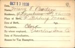Voter registration card of Mary E. Booden (Borden), Hartford, October 13, 1920