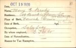 Voter registration card of Mary E. Brady, Hartford, October 19, 1920